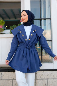 Gemici Yaka Bel Büzgülü Ceket Lacivert