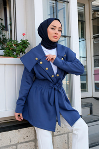 Gemici Yaka Bel Büzgülü Ceket Lacivert