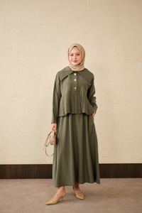 Gemici Yaka Fırfır Detay Takım Haki Yeşil