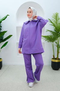 Gemici Yaka Önden Fermuarlı İkili Takım Lila