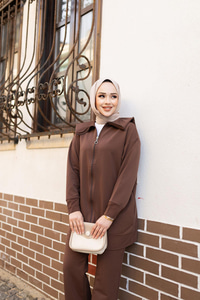 Gemici Yaka Önden Fermuarlı İkili Takım Kahverengi