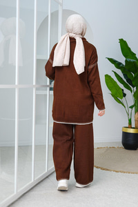 Gemici Yaka Şerit Detay Triko Takım Acı Kahve