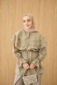 Geniş Katlı Yaka Bel Bağlamalı Tunik Haki Yeşil