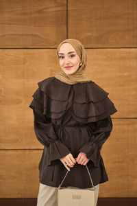 Geniş Katlı Yaka Bel Bağlamalı Tunik Kahverengi