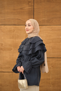 Geniş Katlı Yaka Bel Bağlamalı Tunik Lacivert