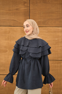 Geniş Katlı Yaka Bel Bağlamalı Tunik Lacivert