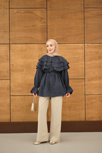 Geniş Katlı Yaka Bel Bağlamalı Tunik Lacivert