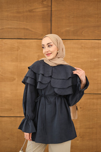 Geniş Katlı Yaka Bel Bağlamalı Tunik Lacivert