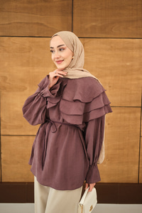 Geniş Katlı Yaka Bel Bağlamalı Tunik Mürdüm