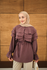 Geniş Katlı Yaka Bel Bağlamalı Tunik Mürdüm