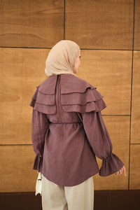 Geniş Katlı Yaka Bel Bağlamalı Tunik Mürdüm