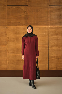 Geniş Kol Triko Elbise Bordo