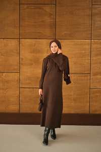 Geniş Kol Triko Elbise Kahverengi