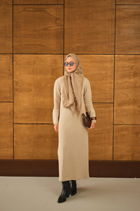 Geniş Kol Triko Elbise Krem