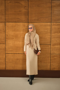 Geniş Kol Triko Elbise Krem