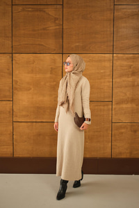 Geniş Kol Triko Elbise Krem