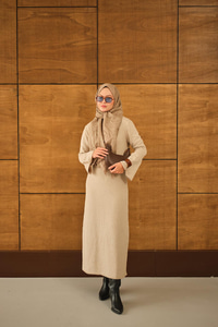 Geniş Kol Triko Elbise Krem