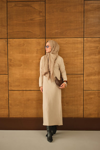 Geniş Kol Triko Elbise Krem