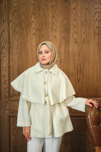 Geniş Yaka Simli Kaşe Ceket Beyaz