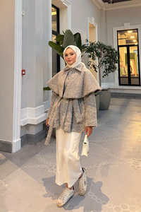 Geniş Yaka Simli Kaşe Ceket Gri