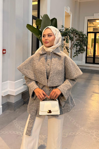 Geniş Yaka Simli Kaşe Ceket Gri