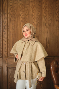 Geniş Yaka Simli Kaşe Ceket Vizon