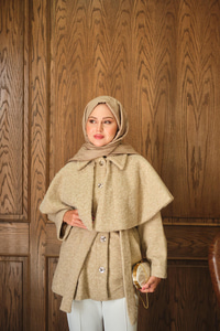 Geniş Yaka Simli Kaşe Ceket Vizon