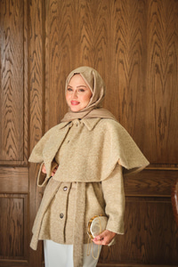 Geniş Yaka Simli Kaşe Ceket Vizon