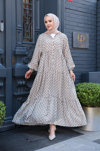 Geometrik Dalgalı Desenli Elbise Haki Yeşil