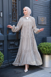 Geometrik Dalgalı Desenli Elbise Haki Yeşil