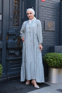 Geometrik Dalgalı Desenli Elbise Mavi