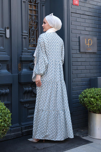 Geometrik Dalgalı Desenli Elbise Mavi