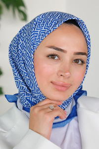 Geometrik Desen Eşarp Saks Mavi