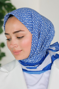 Geometrik Desen Eşarp Saks Mavi