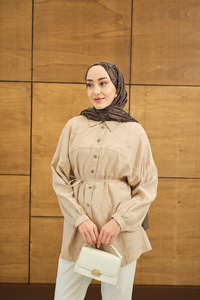 Geometrik Desen Jakar Gömlek Krem