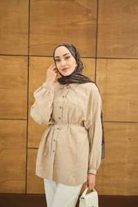 Geometrik Desen Jakar Gömlek Krem