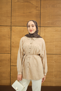 Geometrik Desen Jakar Gömlek Krem