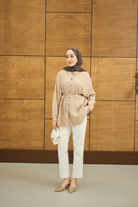 Geometrik Desen Jakar Gömlek Krem