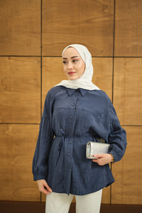 Geometrik Desen Jakar Gömlek Mavi