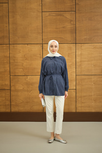 Geometrik Desen Jakar Gömlek Mavi