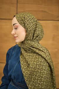 Geometrik Desen Şal Koyu Yağ Yeşil