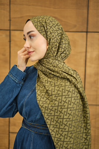 Geometrik Desen Şal Koyu Yağ Yeşil