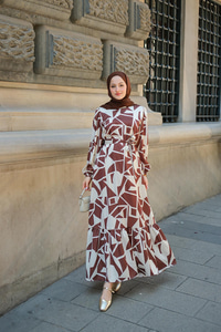 Geometrik Desen Saten Elbise Kahverengi