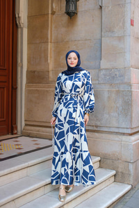 Geometrik Desen Saten Elbise Lacivert