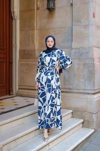 Geometrik Desen Saten Elbise Lacivert