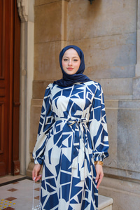 Geometrik Desen Saten Elbise Lacivert