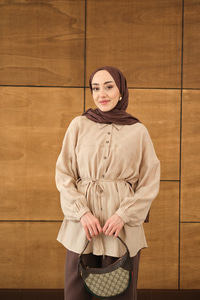 Geometrik Kare Desen Jakar Gömlek Krem