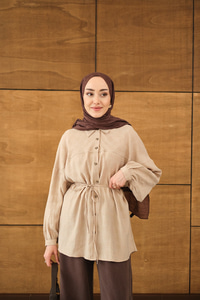 Geometrik Kare Desen Jakar Gömlek Krem