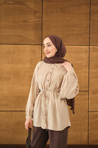 Geometrik Kare Desen Jakar Gömlek Krem