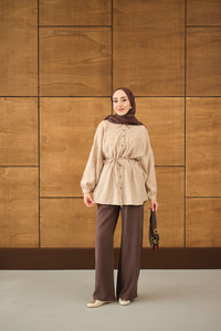 Geometrik Kare Desen Jakar Gömlek Krem